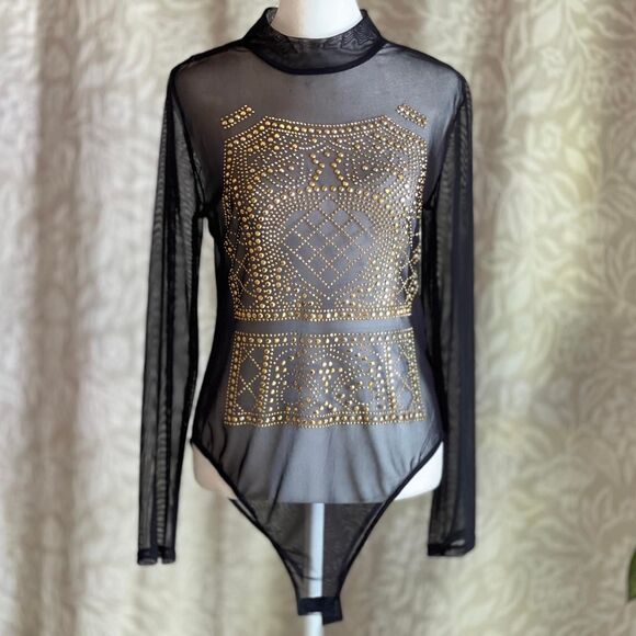NWT Haute Project Black Mesh Sheer Gold Rhinestone Bodysuit GlamRock Size L - Picture 1 of 8
